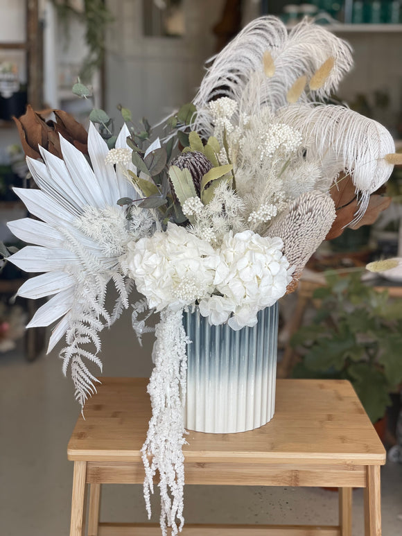 Dried Flower Arrangement Large Blue Vase with Feathers